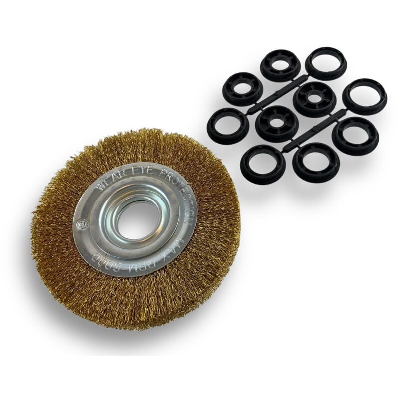 Brosse circulaire laiton ø 150 mm Epaisseur 2 rangs Fil dur 0.30 mm ondulé Alésage 32 mm + réducteur bague 25/22/20/16/12 mm Touret meuleuse