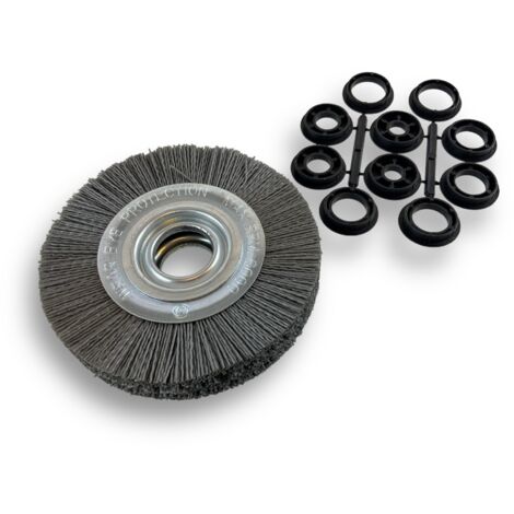 Brosse circulaire NYLON Abrasif  Ø 150 mm  Epaisseur 2 rangs  Carbure de silicium Grain 120  Alésage 32 mm + réducteur bague 25/22/20/16/12 mm  Touret meuleuse ponceuse  Kibros 235152KR120