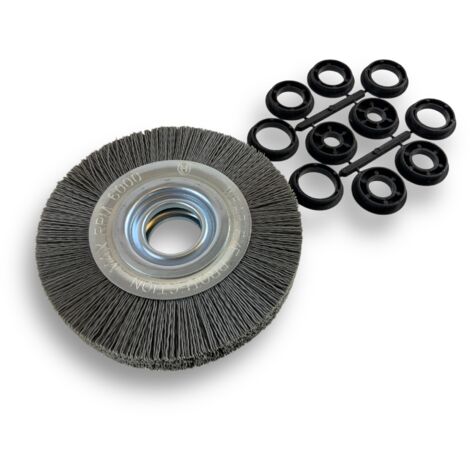 Brosse circulaire NYLON Abrasif  Ø 150 mm  Epaisseur 2 rangs  Carbure de silicium Grain 240  Alésage 32 mm + réducteur bague 25/22/20/16/12 mm  Touret meuleuse ponceuse  Kibros 235152KR240