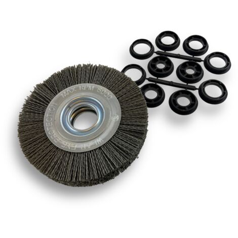 Brosse circulaire NYLON Abrasif  Ø 150 mm  Epaisseur 2 rangs  Carbure de silicium Grain 80  Alésage 32 mm + réducteur bague 25/22/20/16/12 mm  Touret meuleuse ponceuse  Kibros 235152KR80