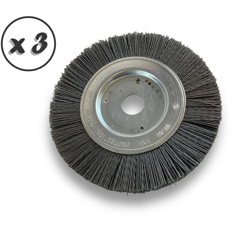 Lot de 3 brosses circulaires NYLON Abrasif Ø 150 mm Epaisseur 1 rang Carbure de silicium Grain 240 Alésage 20 mm + réducteur bague 16/12 mm Touret