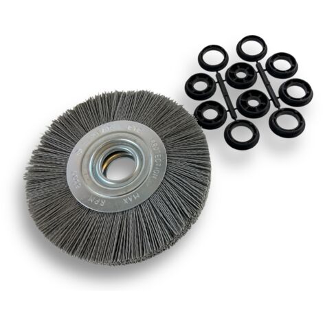 Brosse circulaire NYLON Abrasif  Ø 175 mm  Epaisseur 2 rangs  Carbure de silicium Grain 120  Alésage 32 mm + réducteur bague 25/22/20/16/12 mm  Touret meuleuse ponceuse  Kibros 235177KR120
