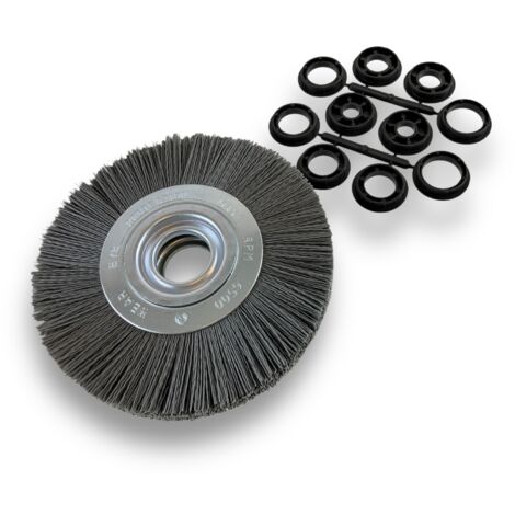 Brosse circulaire NYLON Abrasif  Ø 175 mm  Epaisseur 2 rangs  Carbure de silicium Grain 240  Alésage 32 mm + réducteur bague 25/22/20/16/12 mm  Touret meuleuse ponceuse  Kibros 235177KR240