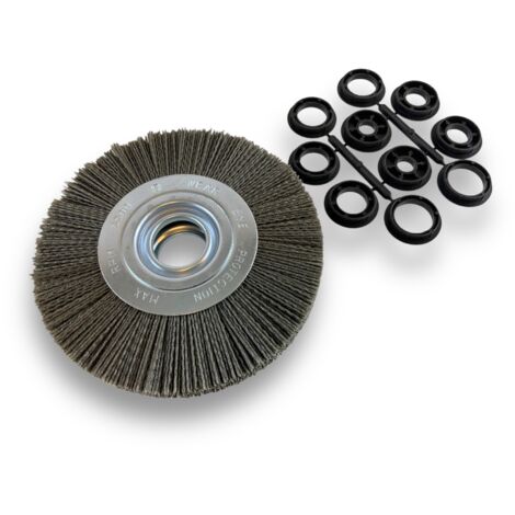 Brosse circulaire NYLON Abrasif  Ø 175 mm  Epaisseur 2 rangs  Carbure de silicium Grain 80  Alésage 32 mm + réducteur bague 25/22/20/16/12 mm  Touret meuleuse ponceuse  Kibros 235177KR80