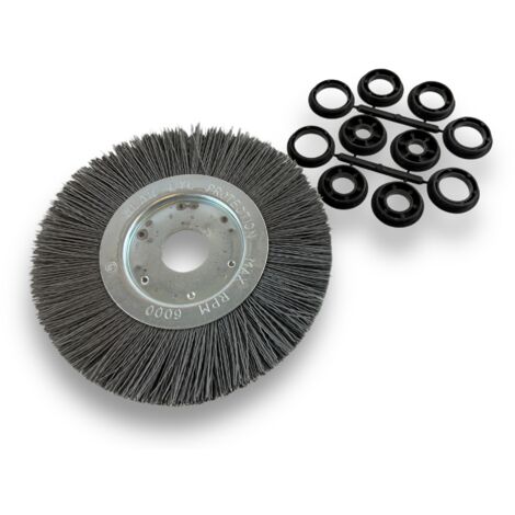 Brosse circulaire NYLON Abrasif  Ø 200 mm  Epaisseur 1 rang  Carbure de silicium Grain 240  Alésage 32 mm + réducteur bague 25/22/20/16/12 mm  Touret meuleuse ponceuse  Kibros 218201KR240