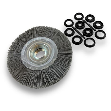 Brosse circulaire NYLON Abrasif  Ø 200 mm  Epaisseur 2 rangs  Carbure de silicium Grain 120  Alésage 32 mm + réducteur bague 25/22/20/16/12 mm  Touret meuleuse ponceuse  Kibros 238202KR120