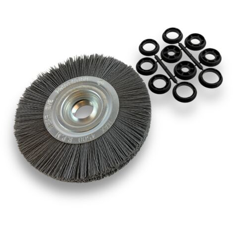 Brosse circulaire NYLON Abrasif  Ø 200 mm  Epaisseur 2 rangs  Carbure de silicium Grain 240  Alésage 32 mm + réducteur bague 25/22/20/16/12 mm  Touret meuleuse ponceuse  Kibros 238202KR240