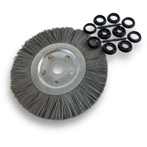 Brosse circulaire NYLON Abrasif  Ø 250 mm  Epaisseur 1 rang  Carbure de silicium Grain 120  Alésage 32 mm + réducteur bague 25/22/20/16/12 mm  Touret meuleuse ponceuse  Kibros 211251KR120