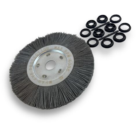 Brosse circulaire NYLON Abrasif  Ø 250 mm  Epaisseur 1 rang  Carbure de silicium Grain 240  Alésage 32 mm + réducteur bague 25/22/20/16/12 mm  Touret meuleuse ponceuse  Kibros 211251KR240