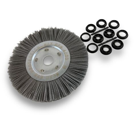 Brosse circulaire NYLON Abrasif  Ø 250 mm  Epaisseur 1 rang  Carbure de silicium Grain 80  Alésage 32 mm + réducteur bague 25/22/20/16/12 mm  Touret meuleuse ponceuse  Kibros 211251KR80
