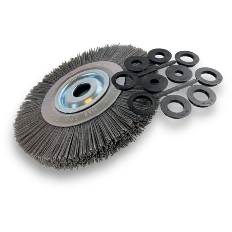 Brosse circulaire NYLON Abrasif  Ø 250 mm  Epaisseur 2 rangs  Carbure de silicium Grain 80  Alésage 32 mm + réducteur bague 25/22/20/16/12 mm  Touret meuleuse ponceuse  Kibros 231252KR80