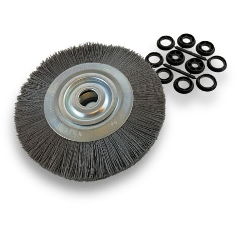 Brosse circulaire NYLON Abrasif  Ø 250 mm  Epaisseur 3 rangs  Carbure de silicium Grain 240  Alésage 32 mm + réducteur bague 25/22/20/16/12 mm  Touret meuleuse ponceuse  Kibros 231253KR240
