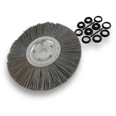 Brosse circulaire NYLON Abrasif  Ø 300 mm  Epaisseur 1 rang  Carbure de silicium Grain 120  Alésage 32 mm + réducteur bague 25/22/20/16/12 mm  Touret meuleuse ponceuse  Kibros 211301KR120