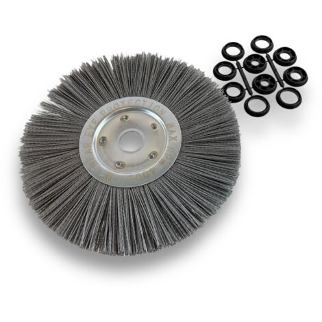Brosse circulaire NYLON Abrasif  Ø 300 mm  Epaisseur 1 rang  Carbure de silicium Grain 80  Alésage 32 mm + réducteur bague 25/22/20/16/12 mm  Touret meuleuse ponceuse  Kibros 211301KR80