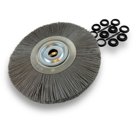 Brosse circulaire NYLON Abrasif Ø 300 mm Epaisseur 2 rangs Carbure de silicium Grain 120 Alésage 32 mm + réducteur bague 25/22/20/16/12 mm Touret meuleuse ponceuse Kibros 231302KR120