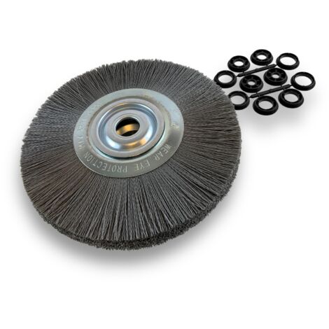 Brosse circulaire NYLON Abrasif Ø 300 mm Epaisseur 2 rangs Carbure de silicium Grain 240 Alésage 32 mm + réducteur bague 25/22/20/16/12 mm Touret meuleuse ponceuse Kibros 231302KR240