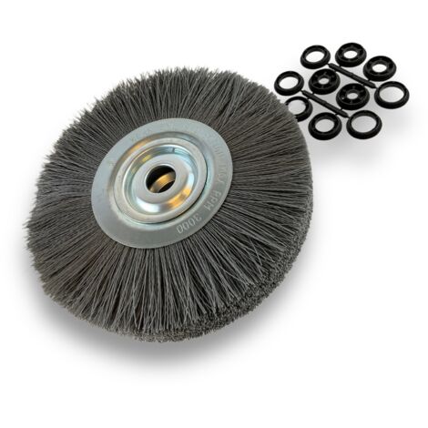 Brosse circulaire NYLON Abrasif  Ø 300 mm  Epaisseur 3 rangs  Carbure de silicium Grain 240  Alésage 32 mm + réducteur bague 25/22/20/16/12 mm  Touret meuleuse ponceuse  Kibros 231303KR240