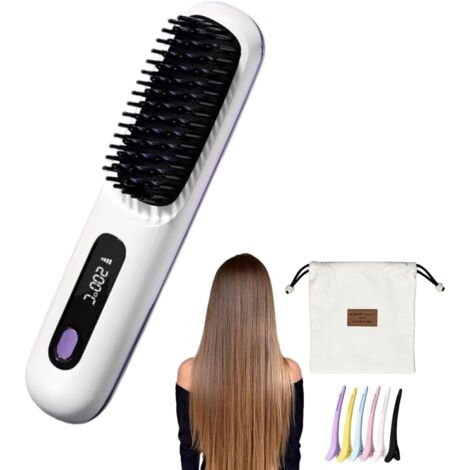 Brosse Cocoony pour Cheveux Courts Brosse Lissante Rechargeable Portable, Design Durable, avec Affichage LCD, Réglage de la température en 3 étapes,Pour Coiffage Quotidien & Voyage (Blanc)