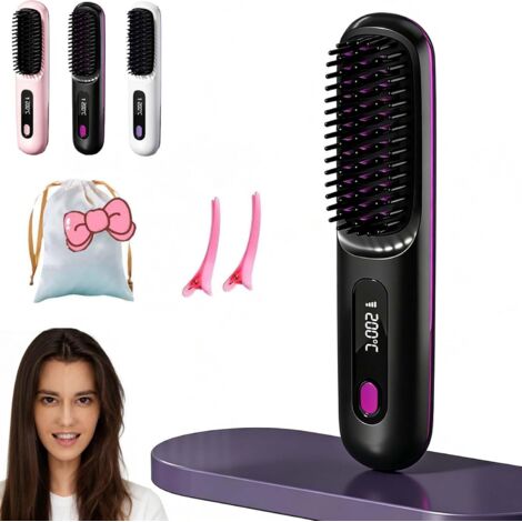 Brosse Coiffante Cocoony Cheveux Courts, Brosse Lissante Rechargeable Portable Sans Fil, Avec éCran Led, 3 Modes, Pour Coiffage Quotidien & Voyage (Noir)