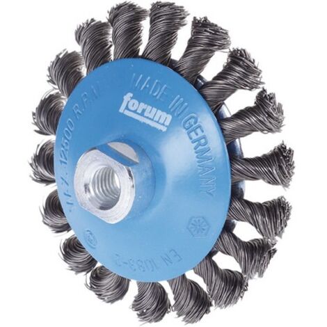 Brosse conique, fil d'acier trempé, torsadé, Ø de la brosse : 115 mm, Epaisseur du fil 0,50 mm, Larg. : de travail 15 mm, Vitesse maxi. : 12500 tr/mn