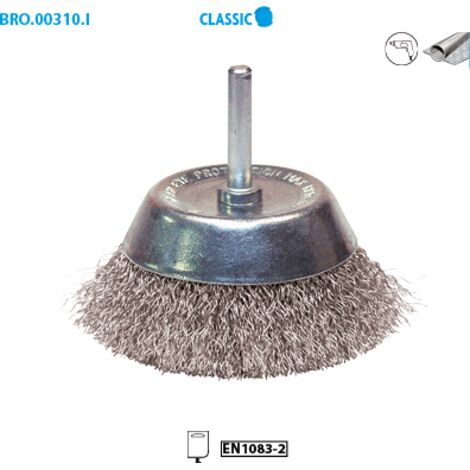 Brosse conique fil Inox ondulé pour métal Classic ø 75 ø Queue 6 Long. Utile 30 Fil 0,30