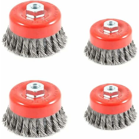 Brosse Coupe Brosse métallique pour meuleuse d'angle, Ø 75 mm + Ø 100 mm Jeu de brosses métalliques pour meuleuse d'angle M14, Fil noueux en Acier Flexible (4pcs)