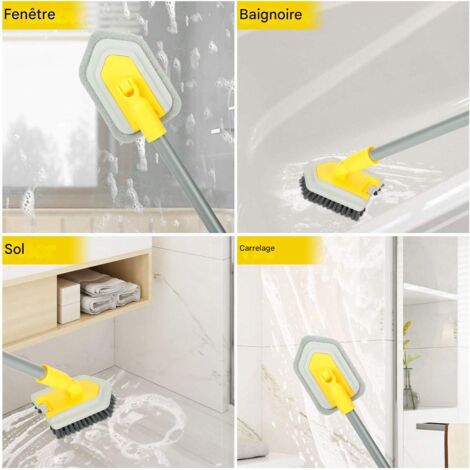 Brosse de nettoyage 3 en 1 pour salle de bain, tête verrouillable, manche télescopique 127 cm. Poils durs + microfibre, pour baignoire et carrelages, blanc.