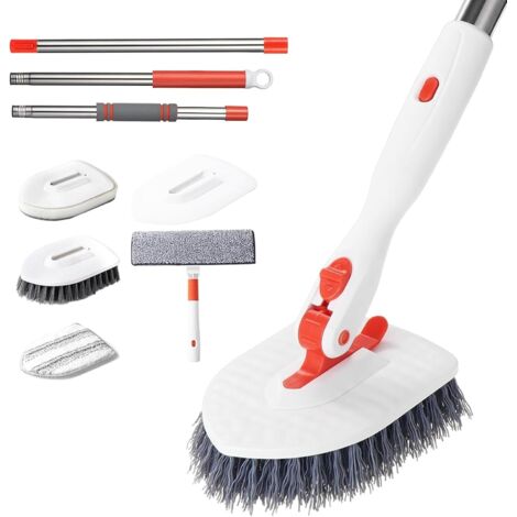 brosse de nettoyage 4 en 1 avec manche télescopique acier inoxydable pour salle de bain, carrelage, baignoire et murs