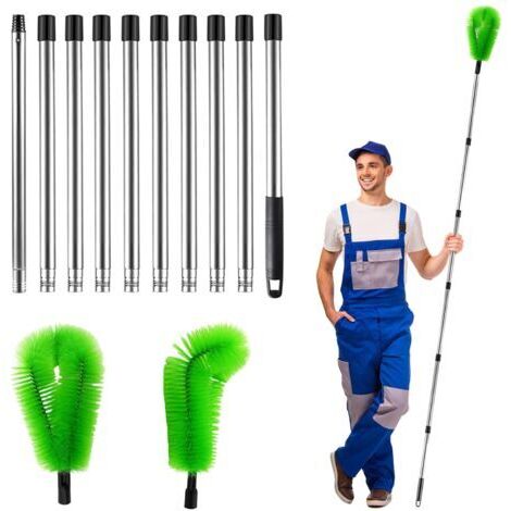 Brosse de nettoyage de gouttière télescopique de 4,7 m avec 10 poteaux, nettoyeur de gouttière de toit extensible pour nettoyer les feuilles, les débris, les gouttières de fenêtre-Vert