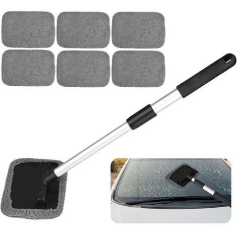 Brosse de Nettoyage de Voiture avec Manche Téléscopique et 6 Tampons Lavables, Extensible Kit de Brosse Nettoyage de Pare Brise, Brosse de Fenêtre de Microfibre pour Pare Brise