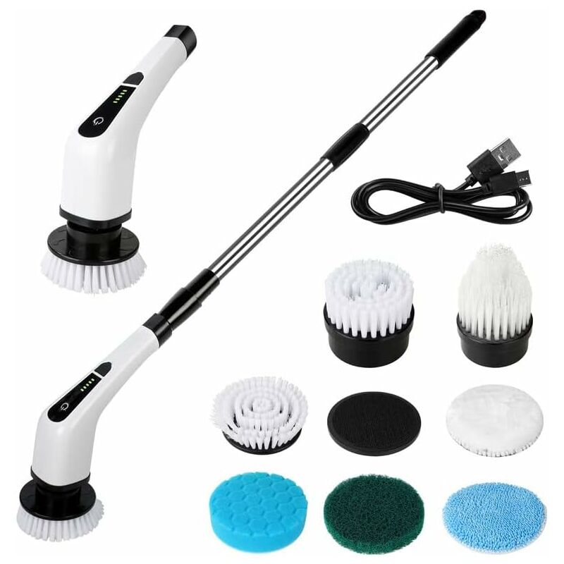Brosse de nettoyage électrique, brosse de nettoyage rechargeable par usb, épurateur rotatif sans fil avec manche télescopique et 7 têtes de brosse