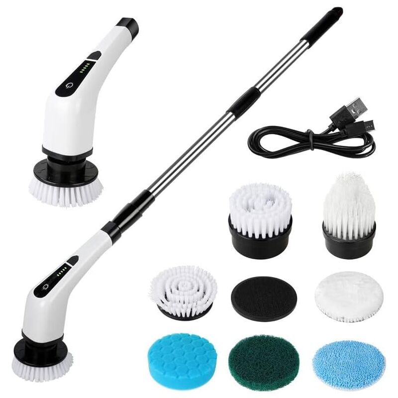 Brosse de nettoyage électrique, brosse de nettoyage rechargeable par USB, épurateur rotatif sans fil avec manche télescopique et 7 têtes de brosse