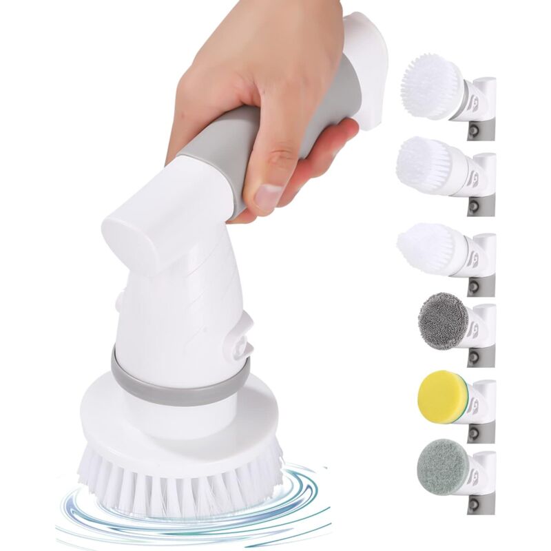 Brosse de Nettoyage Électrique Portatives, Brosse Electrique Nettoyage Salle Rechargeable, avec 6 Têtes de Brosse Remplaçables, pour Salle de Bain,