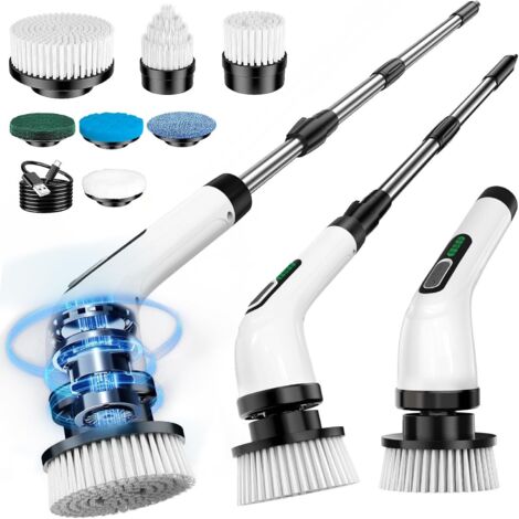 Brosse de Nettoyage Électrique Rotative - 7 Têtes Interchangeables Manche Réglable IPX7 Étanche - 2 Vitesses Rechargeable USB pour Salle de Bain Maison Cuisine