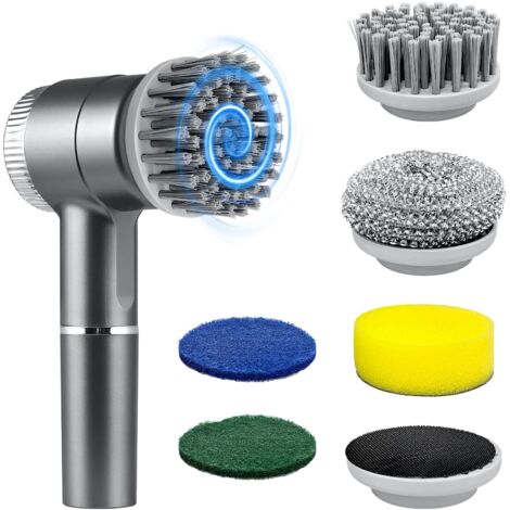 Brosse de Nettoyage Électrique Rotative - Brosse de Nettoyage Électrique sans Fil et Étanche, Affichage Numérique de la Puissance, 5 Têtes Remplaçables et 3 Vitesses Réglables