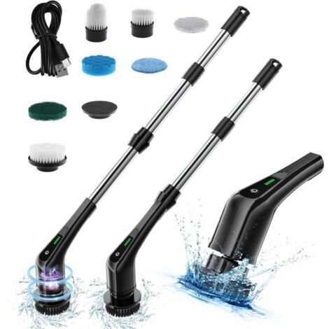 Brosse De Nettoyage éLectrique Rotative sans Fil avec 7 TêTes De Brosse Interchangeables, Manche RéGlable avec Affichage, pour Salle De Bain, Carrelage, Sols (Noir)