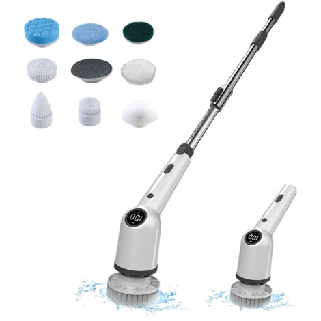 Brosse de nettoyage électrique sans fil à main, 3 vitesses/rechargeable de type C/étanche IPX4/angle réglable à 360°, brosse de nettoyage de baignoire au sol avec 8 têtes de brosse remplaçables, Noir