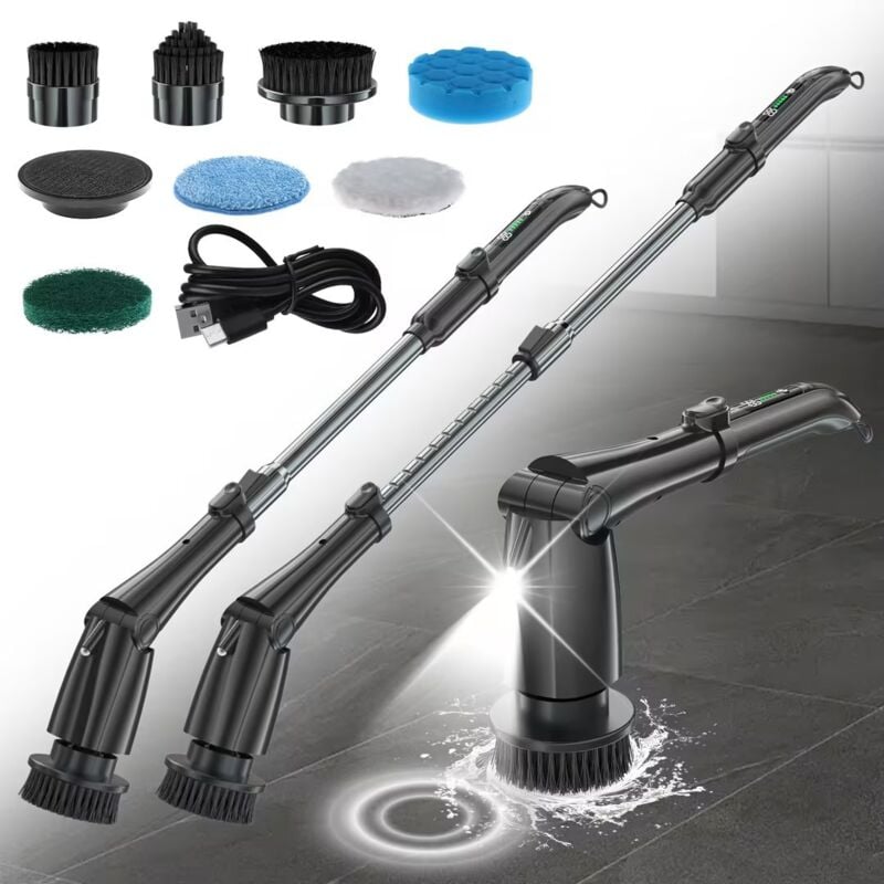 Longziming - Brosse de nettoyage électrique sans fil avec 8 têtes de brosse de nettoyage, 3 vitesses, 160 minutes de temps de travail, bras