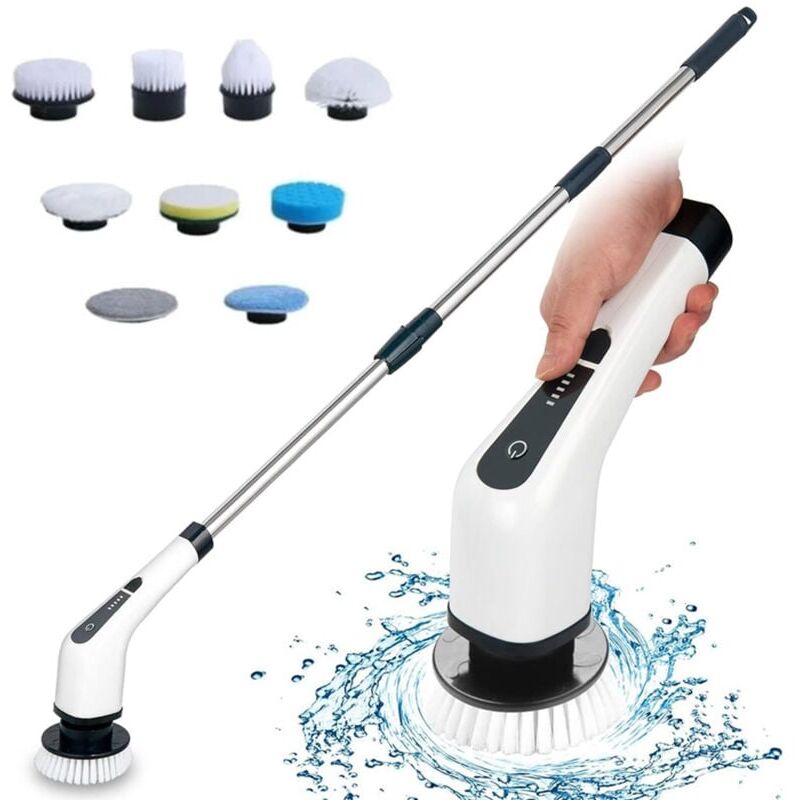 Brosse de nettoyage électrique sans fil, brosse de nettoyage sans fil avec 7 têtes de brosse remplaçables, avec poignée réglable (blanc)