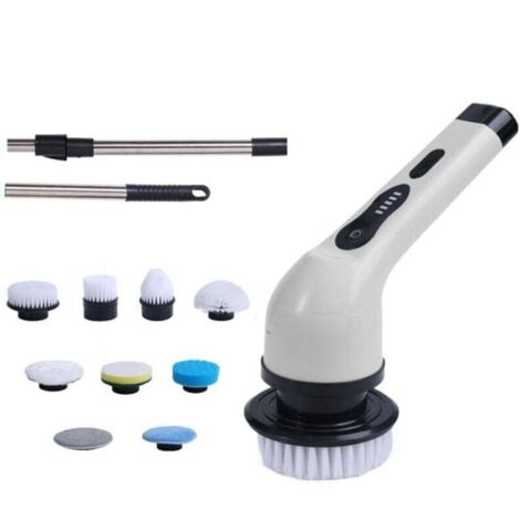 Brosse de Nettoyage électrique sans Fil, Brosse de Nettoyage sans Fil avec 7 têtes de Brosse remplaçables, vadrouille électrique avec poignée réglable pour Salle de Bain, Cuisine, Voiture (Blanc)