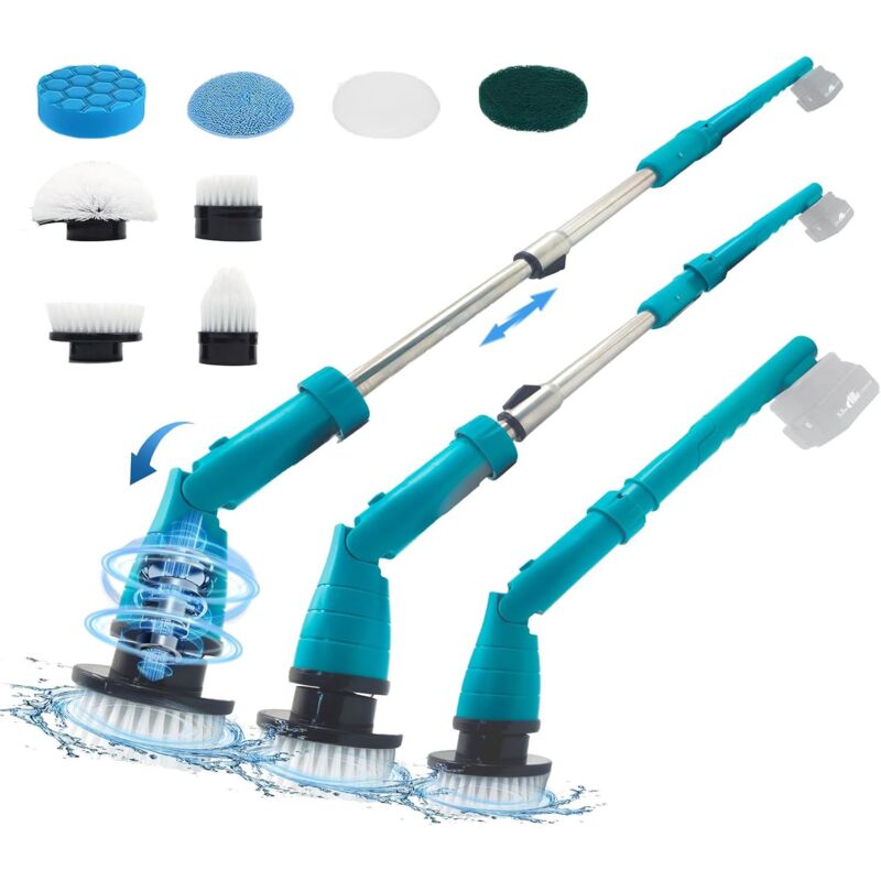 Brosse de nettoyage électrique sans fil, brosse rotative avec 8 têtes de brosse, avec poignée réglable pour salle de bain, carrelage et voiture (sans