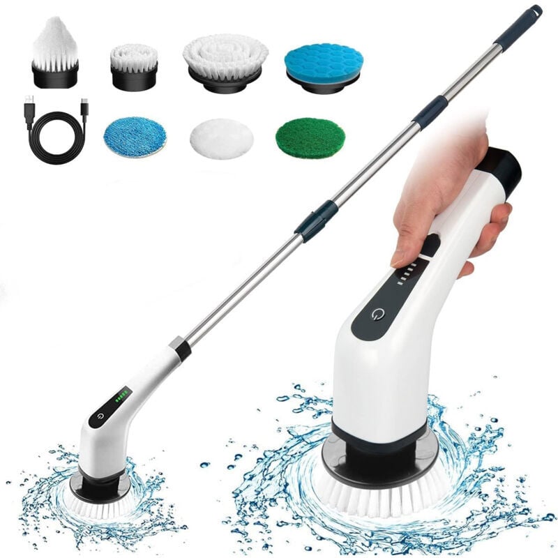 SNQ - Brosse de Nettoyage électrique,avec 7 têtes de Brosse et rallonge, Spin Scrubber Brosse Rotative Nettoyage Électrique pour Les Coins, la Salle