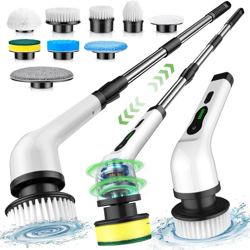 Brosse de Nettoyage lectrique sans Fil, Brosse de Nettoyage sans Fil avec 9 ttes de Brosse remplaables, vadrouille lectrique avec poigne rglable pour