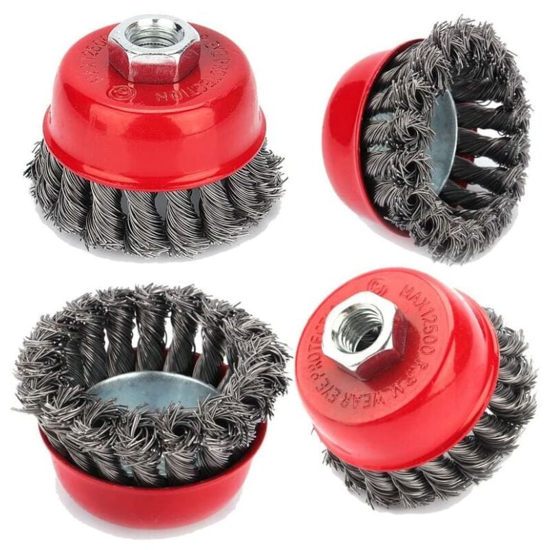 Brosse de nettoyage métallique, 4pcs brosse à treillis métallique M14 torsadé 75 mm pour meuleuse d'angle brosse coupe, dérouillage corrosion