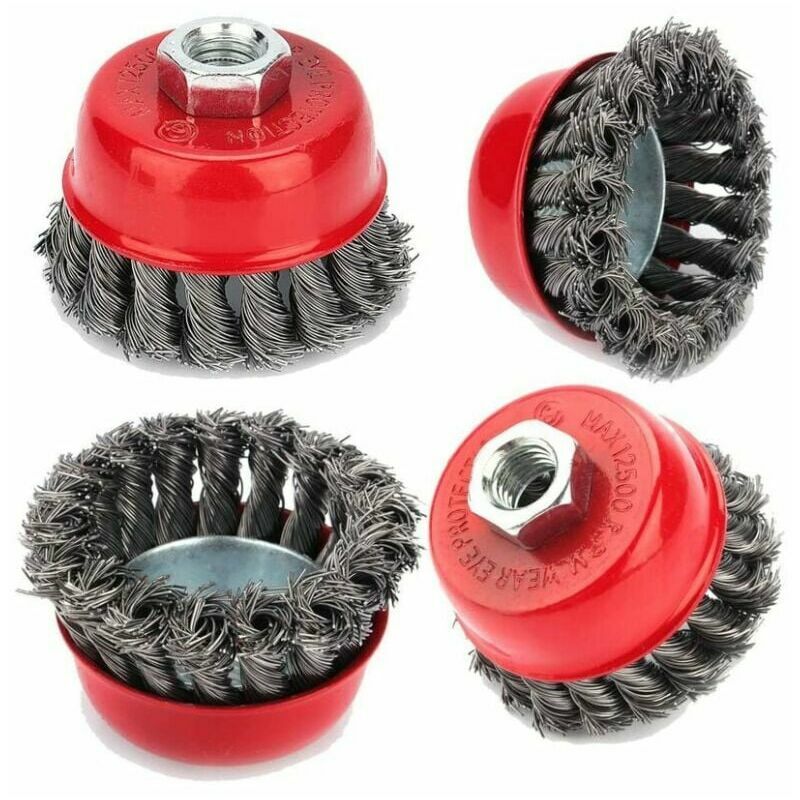 Brosse de nettoyage métallique, 4pcs brosse à treillis métallique M14 torsadé 75 mm pour meuleuse d'angle brosse coupe, dérouillage corrosion