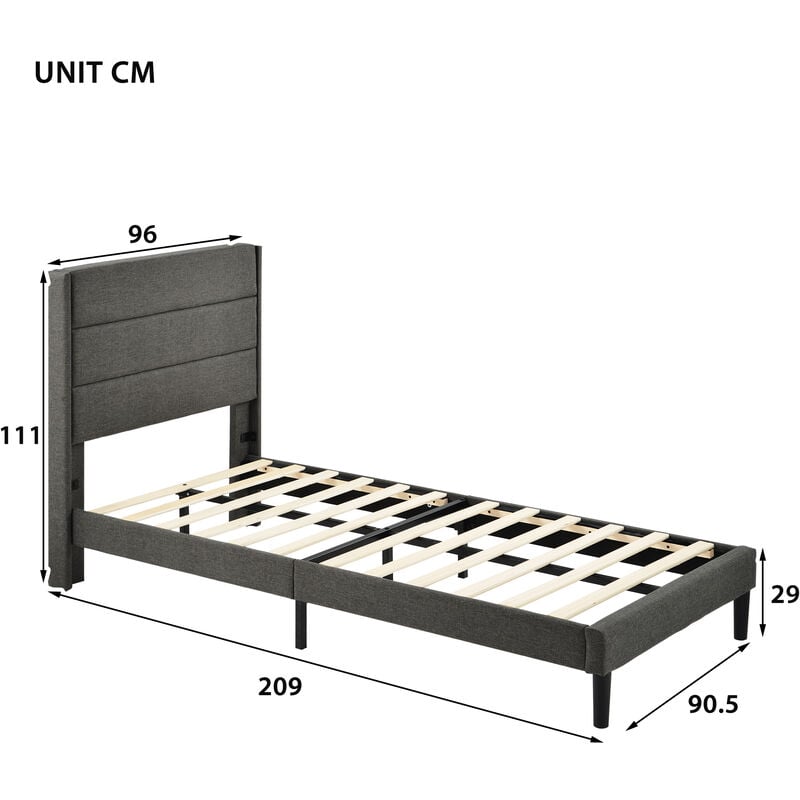 L&h-cfcahl - Lit adulte Lit rembourré 90 x 200 cm, cadre de lit avec sommier à lattes et tête de lit, revêtement textile lin gris, lit d'adolescent