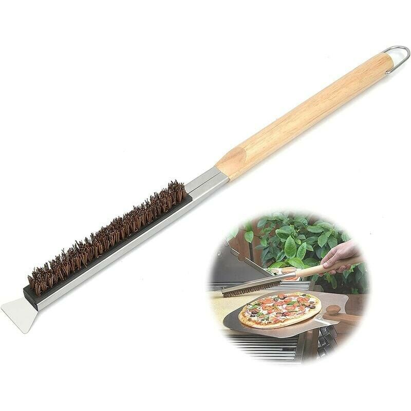 Brosse Four A Pizza, Nettoyage pour Pierre À Pizza en Fil Cuivre avec Grattoir, Outil Nettoyage pour Barbecue avec Manche en Bois, Accessoires pour