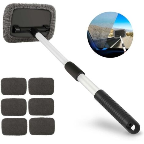 Brosse de nettoyage pour voiture – Nettoyeur de pare-brise avec poignée télescopique – 6 tampons microfibre réutilisables – Tête pivotante 180°