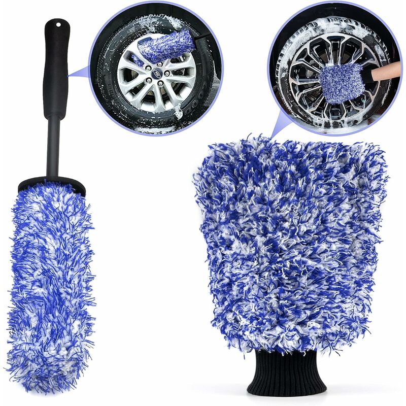 Brosse de roue en microfibre, gant de lavage, kit de nettoyage de voiture, brosse de jante en microfibre élimine la saleté tenace sans effort, brosse