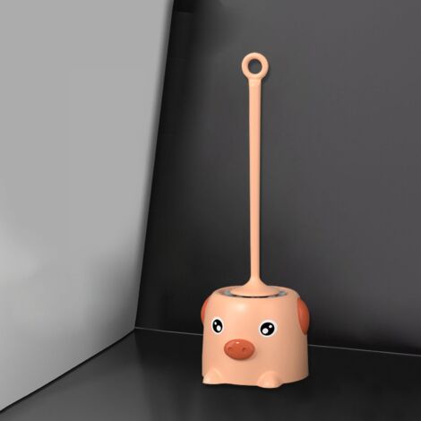 Brosse de toilette à poils souples avec manche allongé et motif dessin animé, avec base pour salle de bain rose.-AquaForge
